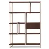 Modular shelving unit, dark brown wood and gold tone, geometric design with open/closed compartments and a visible fortytwo drawer.