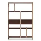 Shelving unit, light and dark wood, asymmetrical grid structure with varying shelf sizes and minimalist geometric design against a white backdrop.