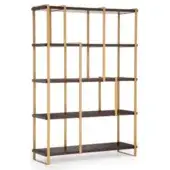 Shelving unit, dark brown wood and brushed gold metal, five shelves with geometric grid frame and visible wood grain.