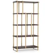 Five-shelf bookcase, dark brown wood, brushed gold metal frame, rectangular shelves, minimalist design, studio lighting, visible wood grain.
