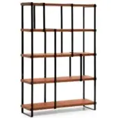 Black metal five-shelf bookcase with walnut wood shelves, asymmetrical compartments, and rectangular form, studio shot.