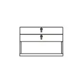 Cabinet line drawing, black and white, three sections with drawers and open compartment, rectangular shape, minimalist design, “california – size b” text.
