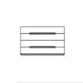 Three-drawer chest line drawing, white background, rectangular form, raised base, dark rectangular drawer handles, minimalist design.