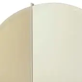 Bronzed mirror with asymmetrical shape, silver metal frame, and glossy finish displayed in a studio setting against a white backdrop.