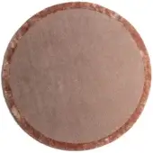 Circular Rugiano Sama rug – rose, taupe center with rose border, plush velvety texture, consistent circular shape, neutral earthy palette.