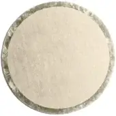 Circular Rugiano Sama rug – snow, beige central field, olive-green textured border, minimalist design, soft lighting, white background.