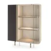 Left version zero cupboard, dark gray fabric and cream translucent frame, brushed brass shelves and legs, minimalist design.