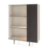 Cupboard, two-tone gray and beige, rectangular form with open shelving on left and solid panel on right, brushed metal legs.