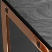 Dark gray wood tabletop with rose gold metal frame, featuring visible wood grain and recessed channel detailing, secured with screws.