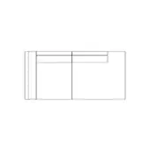 Modular sofa schematic, black lines on white, rectangular form with stacked backrest detail and size label text.