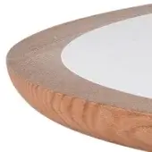 Circular oak serving board with marble center, featuring rounded edges and horizontal wood grain in light and warm tones.