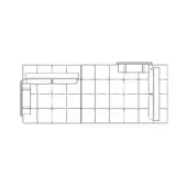 Modular sofa schematic, white lines, grid pattern, corner sectional with chaise, technical drawing, contemporary geometric design.