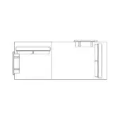 Modular sofa line drawing, white background, geometric design with textured sections and attached console tables featuring two drawers.