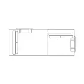 Kitchen layout line drawing, L-shaped countertop, refrigerator and cabinet with drawers, minimalist design, white background.