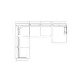 Corner sectional drawing, white cabinets and drawers, rectangular refrigerator, linear design, recessed panels, minimalist schematic.