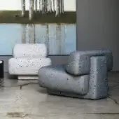 Superior Moroso Gogan lounge chair with cool gray speckled finish and vibrant orange, dark purple upholstery over a wooden structure