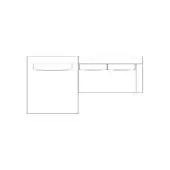 Corner desk line drawing, white background, L-shape with rectangular tops and drawers—one vertical, two horizontal.