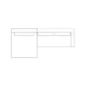 Corner desk line drawing, two-tone rectangular sections, vertical and horizontal layout, white background, black lines, drawers detail.