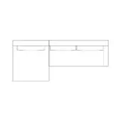 Corner storage unit schematic, white lines, two-section design with cabinet and drawers, flat top, minimalist style, white background.