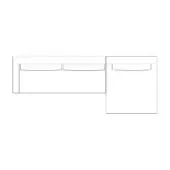 Corner desk line drawing, black and white, L-shaped configuration with two rectangular sections and three drawers below tabletops.