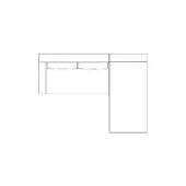 Corner desk line drawing, white outline, rectangular desktop with centered drawer, minimalist geometric design, technical schematic illustration.