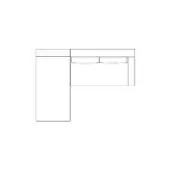 Corner desk configuration, black line drawing, L-shape with cabinet and two-drawer desktop, minimalist geometric design, schematic illustration.