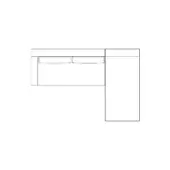 Corner desk line drawing, white background, rectangular top with two drawers, vertical cabinet, minimalist rectilinear design.