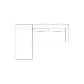 Corner desk line drawing, white background, rectangular tabletop, L-shape, two drawers, minimalist design, studio schematic.