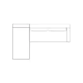 Corner desk line drawing, rectangular tabletop, two drawers, minimalist design, white background, schematic representation.