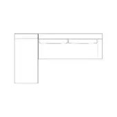 Corner desk line drawing, black and white, rectangular tabletop with drawers and open compartment, minimalist design.