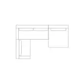 Corner desk line drawing, modular L-shape design, two rectangular sections, drawers, storage panels, minimalist aesthetic, white background.