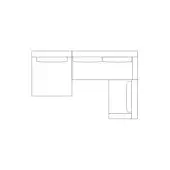 Corner desk line drawing, wood tone, rectangular tabletop with centered drawers and box-like bases, technical schematic design.