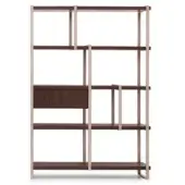 Open shelving unit, dark wood and brass metal, asymmetrical design with varying shelf lengths and a labeled drawer.