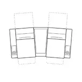 Seating schematic diagram, black lines on white, shows modular three-seat configuration with trapezoidal and rectangular forms, circular elements.