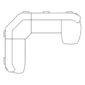 Game controller line drawing, black and white, rectangular shape with ergonomic grip, square buttons, and protruding handle details.