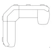 Futuristic handheld device line drawing, black on white, rectangular form with square buttons, ergonomic curved handle, rounded protrusion.