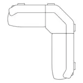 Ergonomic handheld device line drawing, black on white, featuring rounded top, angled handle, rectangular buttons, and tapered base design.