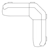 L-shaped handheld device line drawing, featuring rectangular controls, curved handle, geometric design, technical schematic on white background.