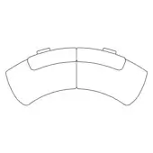 Modular sectional sofa line drawing, curved segments, low profile, rectangular cushions, white background, technical diagram.
