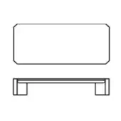 Bench technical drawing, copper finish, rectangular form with rounded edges and square legs, top and side views shown.