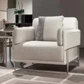 Distinguished Turri Zero lounge chair with light textured fabric upholstery, white armrests and platinum satin-finished metal structure