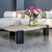 Exceptional Moroso Gogan coffee table with organic oval extra-clear glass top and dark varnished wood legs