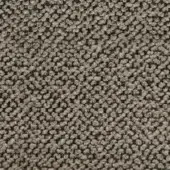 Textured fabric sample in muted gray-brown with a dense, grid-like pattern of looped elements, revealing a darker woven base and “formitalia” label.