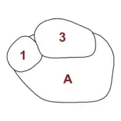 Abstract arrangement of maroon, beige, and brown stone-like shapes outlined in black, labeled with letters and numbers on a white background.
