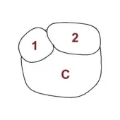 Diagram of three beige shapes with black outlines, labeled "C", "1", and "2" in red serif font against a white background.