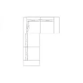 Modular sectional sofa, black line drawing, L-shape configuration with three rectangular modules, minimalist design, angled backrests, schematic view.