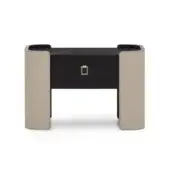 Formitalia nightstand, dark wood top, beige leather-like supports, square metal pull, minimalist rectangular base, linear grain pattern.