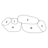 Abstract graphic layout of interconnected shapes with red numerals and letters on white, displaying a fragmented modular design and “pebble rubble” text.