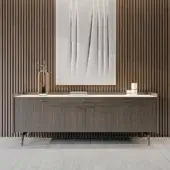 Distinguished Turri Blues sideboard with walnut wood, white marble, and angled metal legs in a matte medium gray-brown finish