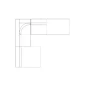 Modular sectional sofa, line drawing, L-shape with extension, featuring a curved corner detail and rectangular modules, white background.
